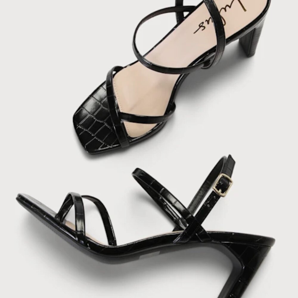 Lulus - Emmalee Embossed Strappy High Heel Sandals (Black Crocodile)